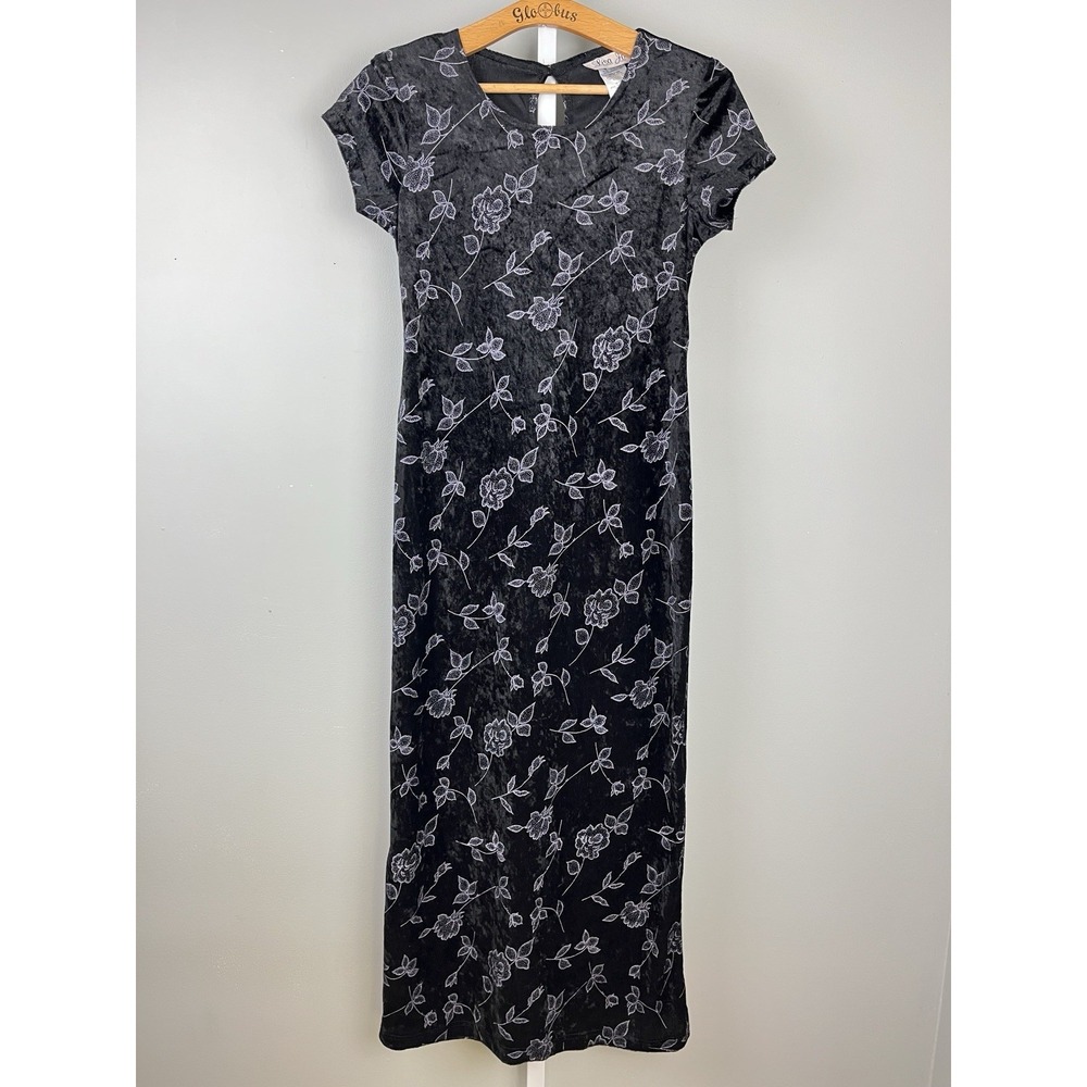 Lisa Jo Black Velvet Maxi Dress Womens 5/6 Floral‎ Goth Grunge Vintage Y2K